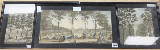 Three 18th century coloured engravings, Views of Versailles, largest 22 x 28cm